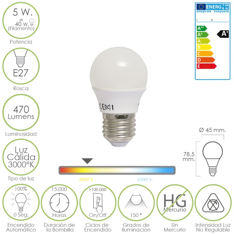 Bombilla Led Esferica E27 5 W, - 40 W, 470 lúmenes, Luz cálida (3,000 °K),