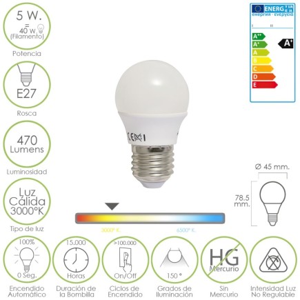 Bombilla Led Esferica E27 5 W, - 40 W, 470 lúmenes, Luz cálida (3,000 °K),