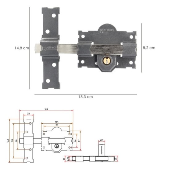 Cerrojo b-2 llave 2 lados pasador de 183mm cilindro redondo de 50mm al por Mayor | Almacén de Ferretería