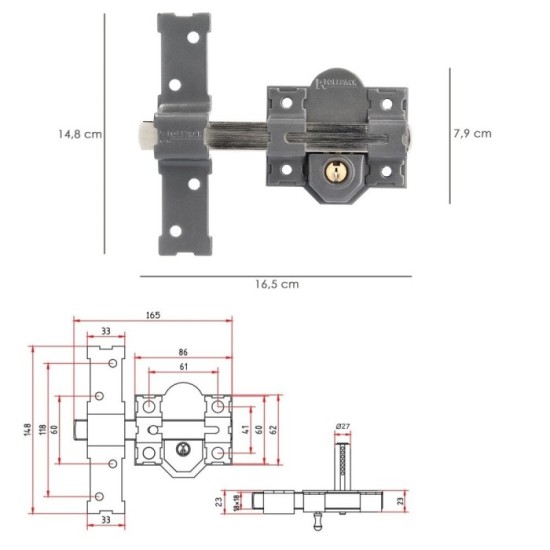 Cerrojo b-6 llave 2 lados de 165mm cilindro redondo de 50mm al por Mayor | Almacén de Ferretería