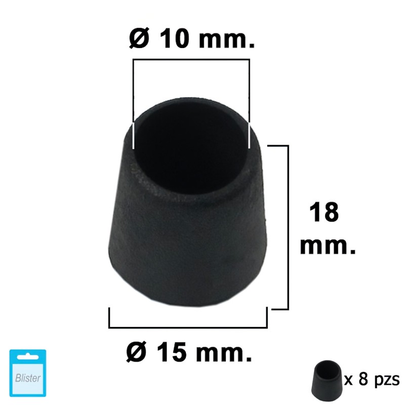Contera Cónica Negra 10mm, Blister 8 piezas,