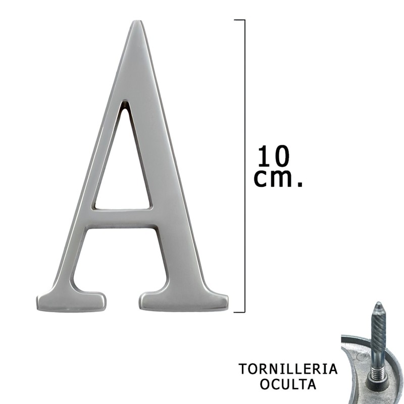 Letra Metal "A" Plateada Mate 10 cm, con Tornilleria Oculta (Blister 1 Pieza)