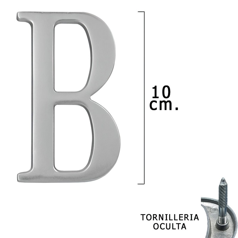 Letra Metal "B" Plateada Mate 10 cm, con Tornilleria Oculta (Blister 1 Pieza)