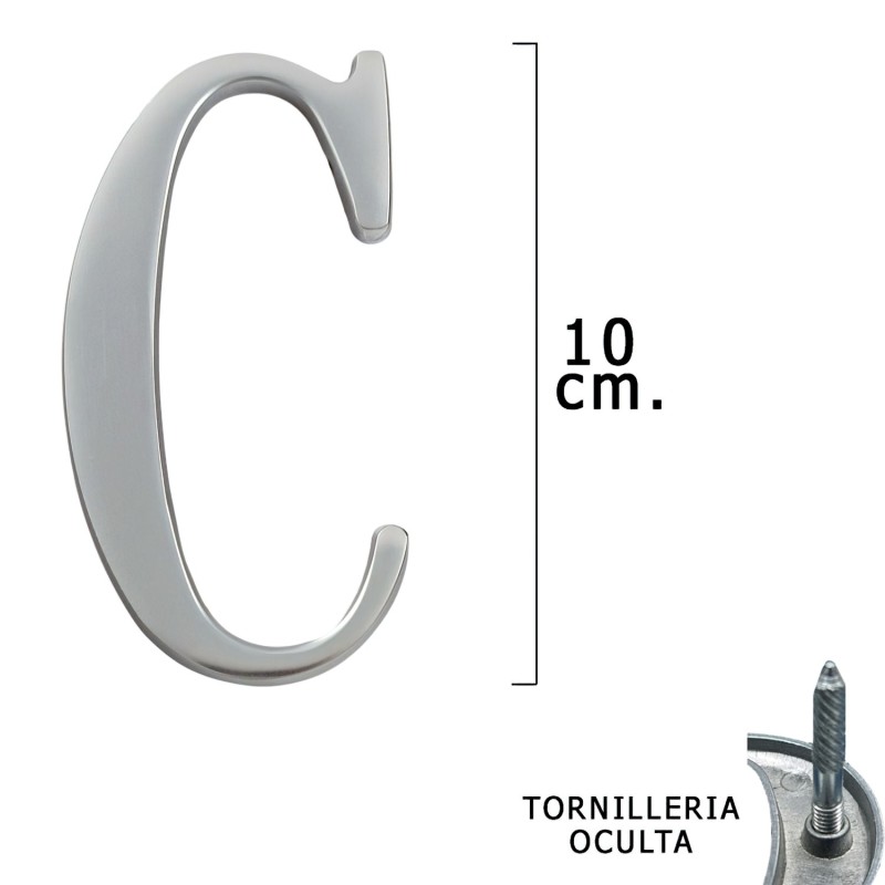 Letra Metal "C" Plateada Mate 10 cm, con Tornilleria Oculta (Blister 1 Pieza)