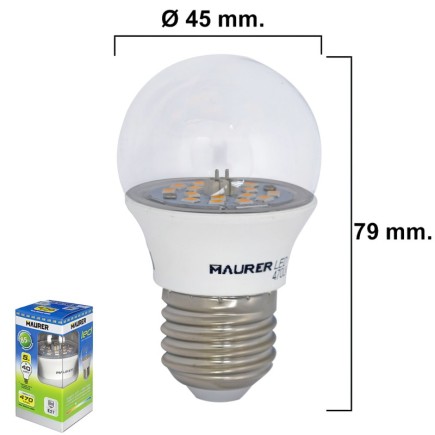 Bombilla Led Esferica Transparente Rosca E27 5 W, 40 W, 470 lúmenes,Luz calida, (3000°K),