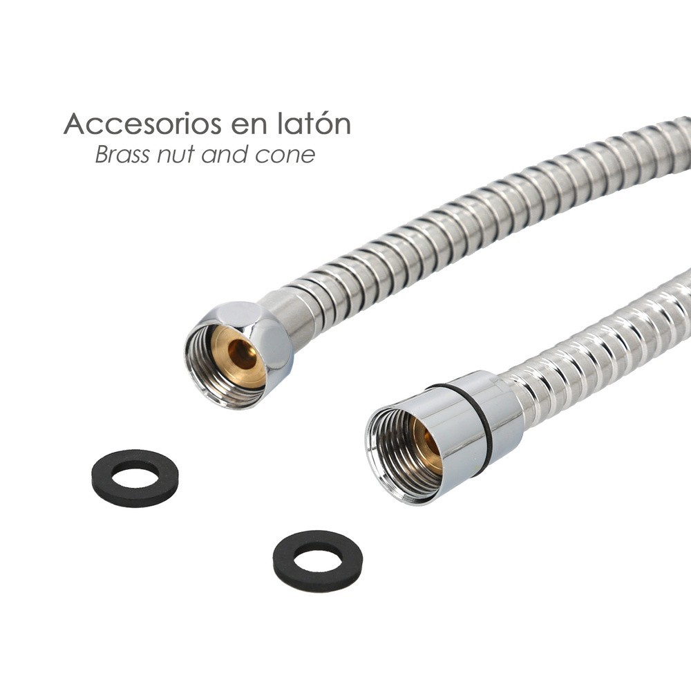 Flexo / Manguera Ducha Acero Inoxidable 2,00 Metros Accesorios de Latón, Flexible, Resistente a Torceduras, Conexión Estandar al