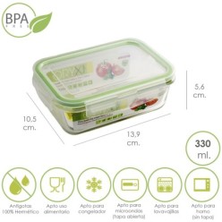 Recipiente Hermetico Cristal Rectangular  330 ml, 13,9 x 10,5 x 5,6 (alt) cm,