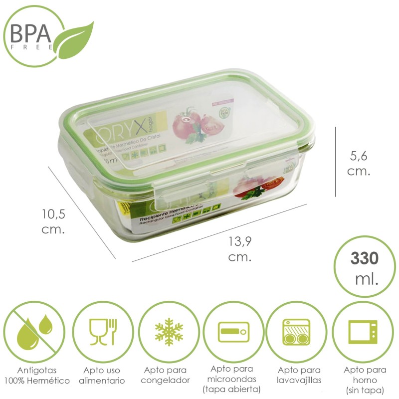 Recipiente Hermetico Cristal Rectangular  330 ml, 13,9 x 10,5 x 5,6 (alt) cm,