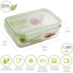 Recipiente Hermetico Cristal Rectangular 1200 ml, 20,4 x 15,4 x 7 (alt) cm,