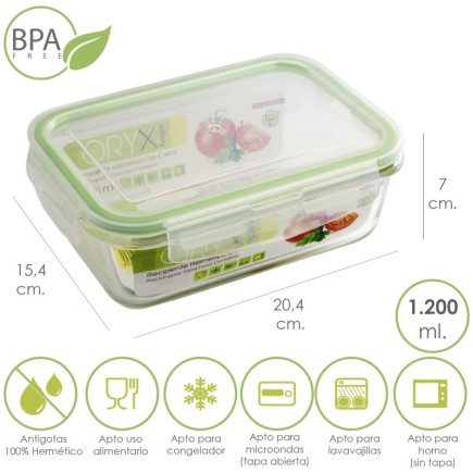 Recipiente Hermetico Cristal Rectangular 1200 ml, 20,4 x 15,4 x 7 (alt) cm,