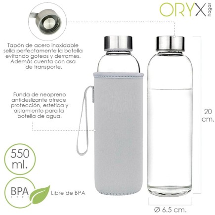 Botella Agua Cristal 550 ml, Funda Neopreno con Asa, Sin BPA