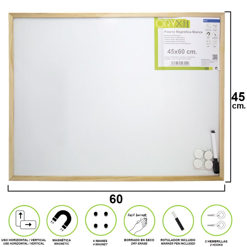 Pizarra Magnetica Blanca 45x60 cm, Con Rotulador y 4 Imánes