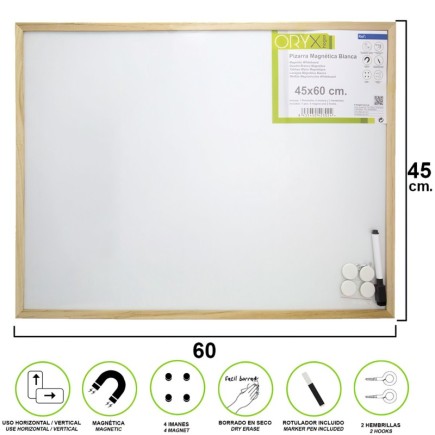 Pizarra Magnetica Blanca 45x60 cm, Con Rotulador y 4 Imánes