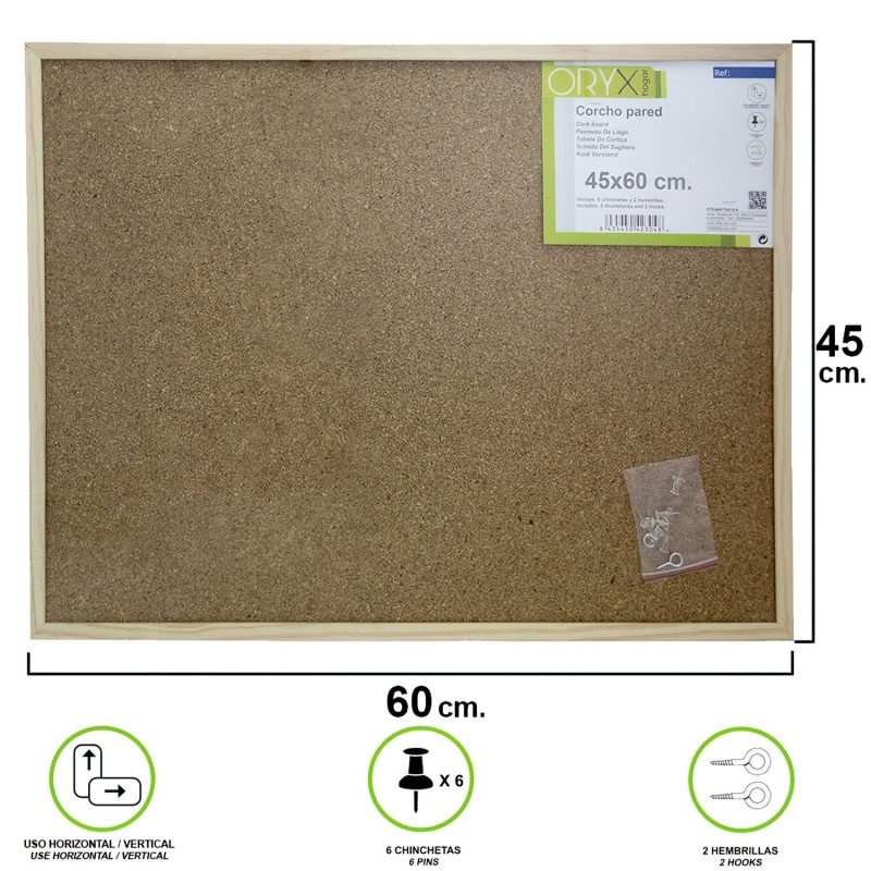 Corcho Pared 45x60 cm, Marco Madera Con 6 Chinchetas