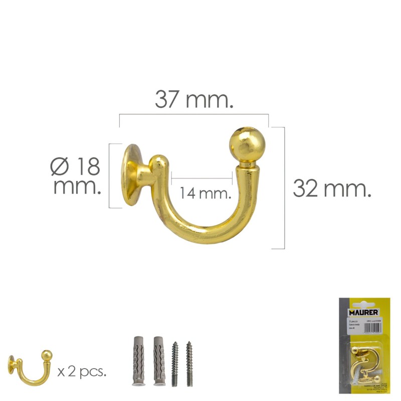 Gancho Latonado Atornillabe 37 mm, Con tacos y tornillos (Blister 2 piezas)