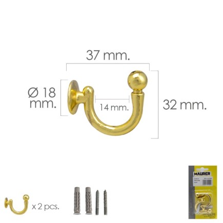 Gancho Latonado Atornillabe 37 mm, Con tacos y tornillos (Blister 2 piezas)
