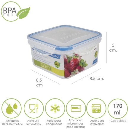 Recipiente Hermetico Plastico Cuadrado 170 ml,  8,5x8,5x5 (Alt,) cm,