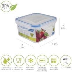 Recipiente Hermetico Plastico Cuadrado 400 ml,  11x11x6 (Alt,) cm,