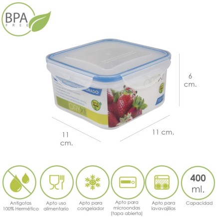 Recipiente Hermetico Plastico Cuadrado 400 ml,  11x11x6 (Alt,) cm,