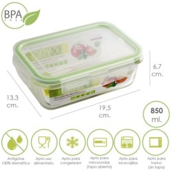 Recipiente Hermetico Cristal Rectangular 850 ml, 19,5 x 13,3 x 6,7 (alt) cm,