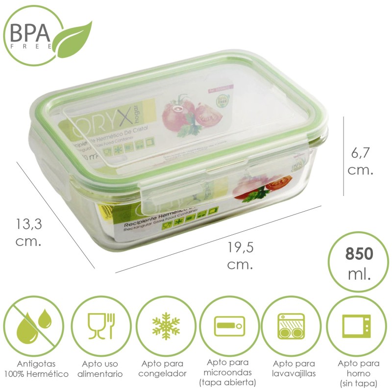 Recipiente Hermetico Cristal Rectangular 850 ml, 19,5 x 13,3 x 6,7 (alt) cm,
