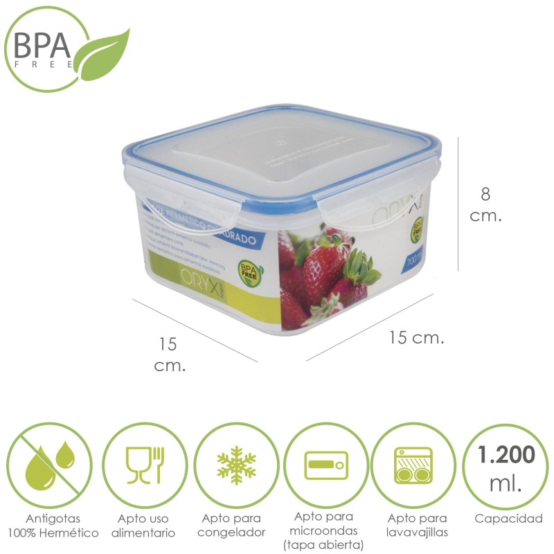 Recipiente Hermetico Plastico Cuadrado 1200 ml,  15x15x8 (Alt,) cm,