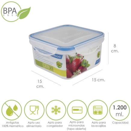 Recipiente Hermetico Plastico Cuadrado 1200 ml,  15x15x8 (Alt,) cm,