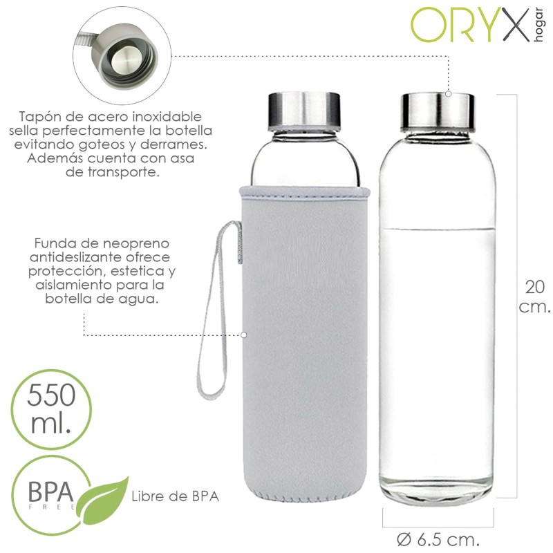 Botella Agua Cristal 550 ml, Funda Neopreno con Asa, Sin BPA
