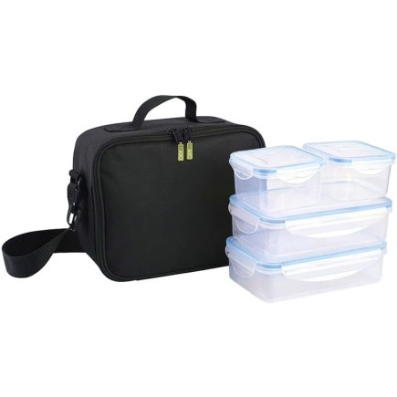 Bolsa Termica Con 4 Recipientes Hermeticos Plastico (2x800 ml + 2x400 ml,)