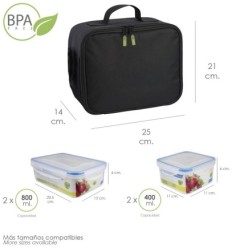 Bolsa Termica Con 4 Recipientes Hermeticos Plastico (2x800 ml + 2x400 ml,)