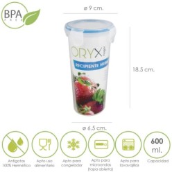Vaso Recipiente Hermetico Medidor Plastico Redondo 600 ml, Ø 9x18,5 (Alt,) cm,