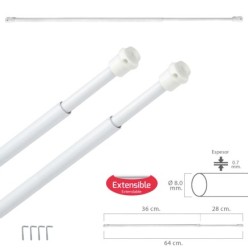 Barra Visillo Extensible 36/64 cm, con Muelle Presion, Soportes y Ventosas (2 Piezas)