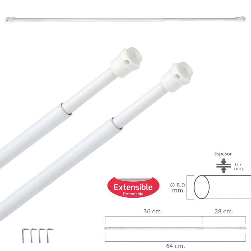 Barra Visillo Extensible 36/64 cm, con Muelle Presion, Soportes y Ventosas (2 Piezas)