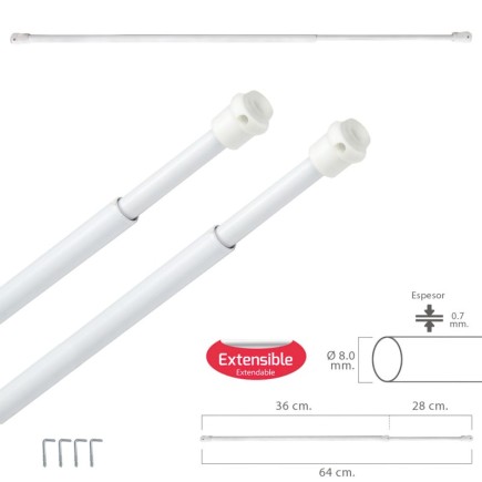 Barra Visillo Extensible 36/64 cm, con Muelle Presion, Soportes y Ventosas (2 Piezas)