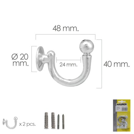 Gancho Cromado Atornillabe 48 mm, Con tacos y tornillos (Blister 2 piezas)
