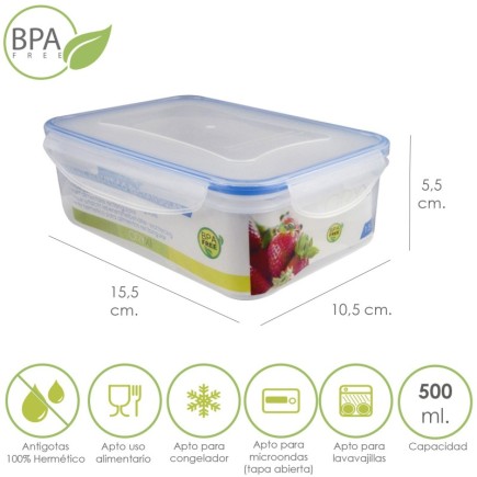 Recipiente Hermetico Plastico Rectangular 500 ml, 15,5x10,5x5,5 (Alt,) cm,