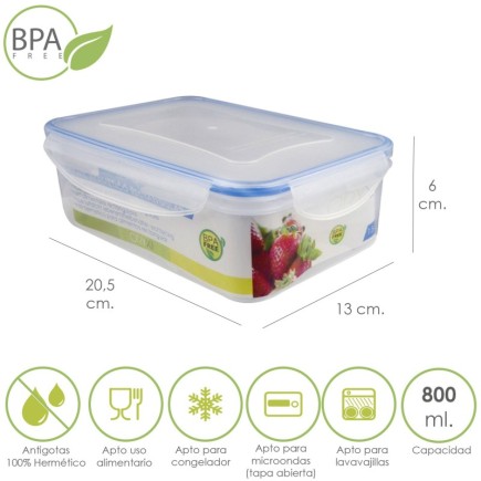 Recipiente Hermetico Plastico Rectangular 800 ml, 20,5x13x6 (Alt,) cm,