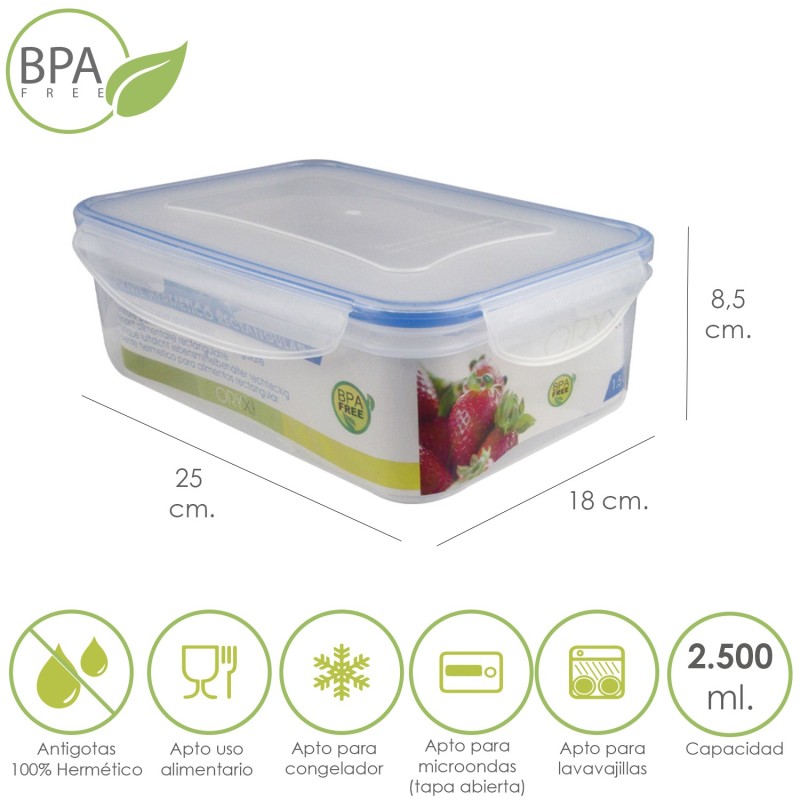 Recipiente Hermetico Plastico Rectangular 2,500 ml, 25x18x8,5 (Alt,) cm,