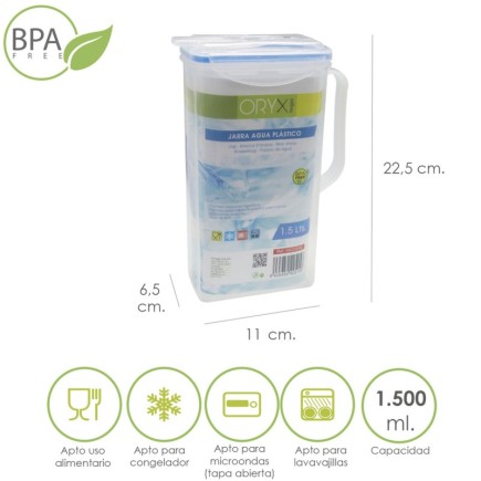 Jarra Plastico Cuadrada 1,500 ml, 11 x 6,5 x 22,5 (alt) cm,