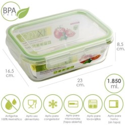 Recipiente Hermetico Cristal Rectangular 1850 ml, 23 x 16,5 x 8,5 (alt) cm,