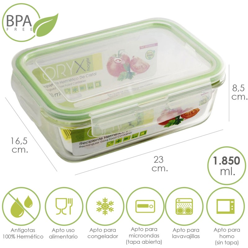 Recipiente Hermetico Cristal Rectangular 1850 ml, 23 x 16,5 x 8,5 (alt) cm,