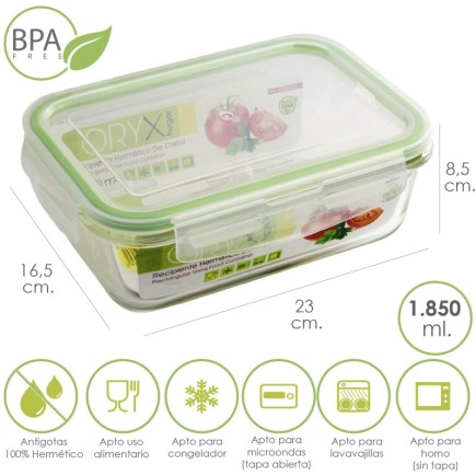 Recipiente Hermetico Cristal Rectangular 1850 ml, 23 x 16,5 x 8,5 (alt) cm,