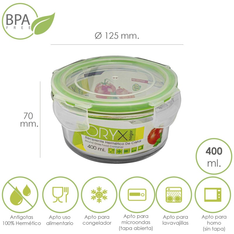 Recipiente Hermetico Cristal Redondo 400 ml, Ø 125 x 7 (alt) cm,