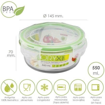 Recipiente Hermetico Cristal Redondo 550 ml, Ø 145 x 7 (alt) cm,