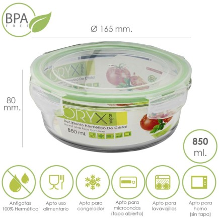 Recipiente Hermetico Cristal Redondo 850 ml, Ø 165 x 8 (alt) cm,