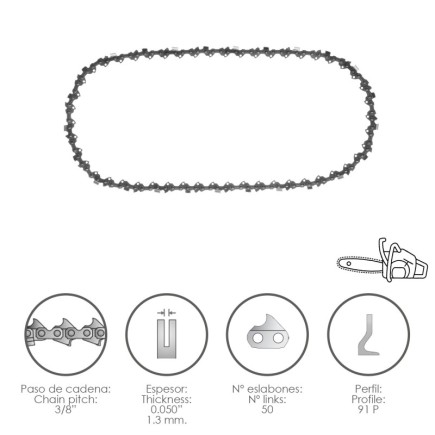 Cadena Motosierra 3/8" / 0,050" 1,3 mm, / 50 Eslabones / 91 P