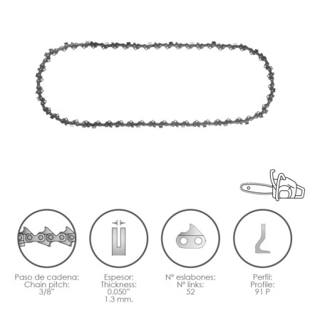 Cadena Motosierra 3/8" / 0,050" 1,3 mm, / 52 Eslabones / 91 P