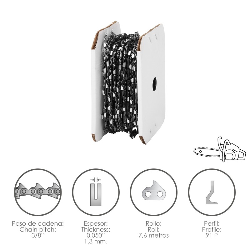 Cadena Motosierra 3/8" / 0,050" 1,3 mm, / 91 P / Rollo 7,6 metros,
