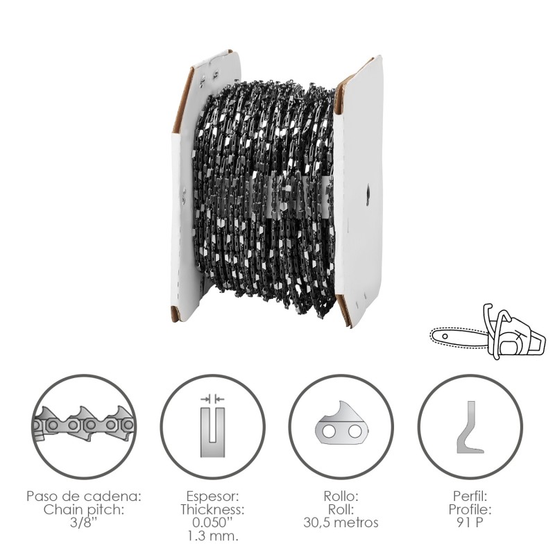 Cadena Motosierra 3/8" / 0,050" 1,3 mm, / 91 P / Rollo 30,5 metros,