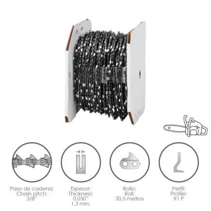 Cadena Motosierra 3/8" / 0,050" 1,3 mm, / 91 P / Rollo 30,5 metros,